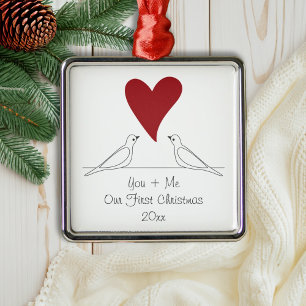 Love Bird Red Heart Simple Modern Couple Christmas Metal Ornament