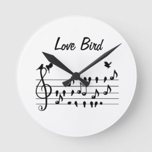 Love Bird Songbirds on Sheet Music Black White Art Round Clock