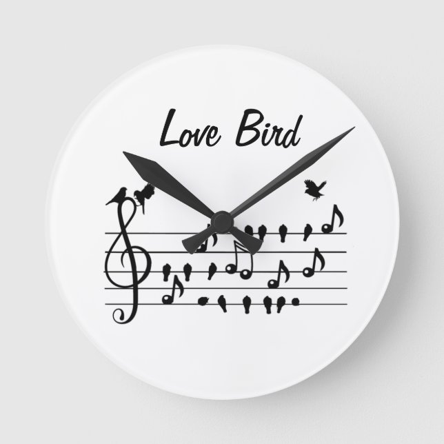 Love Bird Songbirds on Sheet Music Black White Art Round Clock (Front)