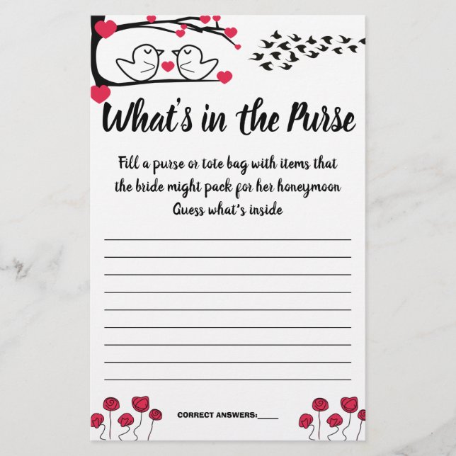 LOVE BIRD WHAT'S IN THE PURSE SHOWER GAME CARD (Front)