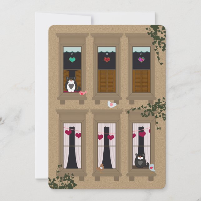 Love Birds and Cats Brownstone Windows Valentine (Front)