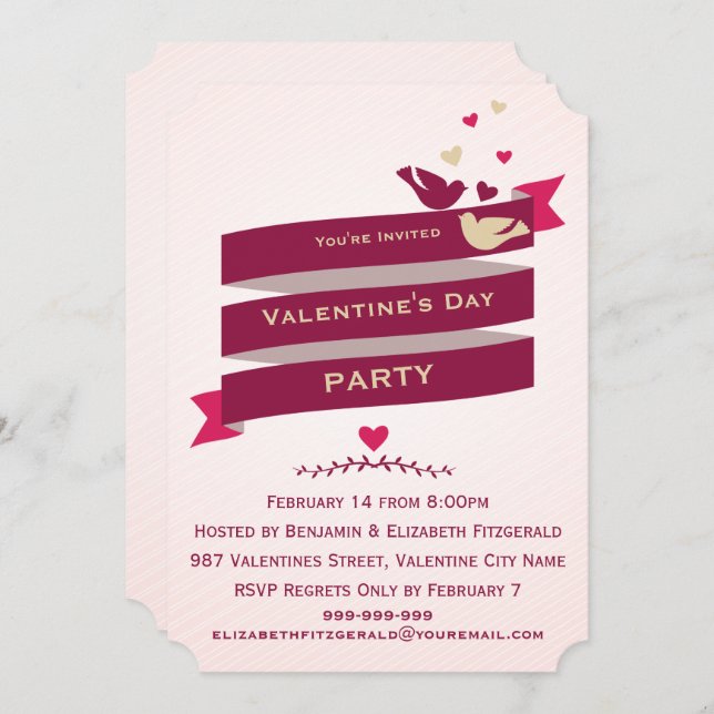 Love Birds and Hearts Banner Valentines Party Invitation (Front/Back)