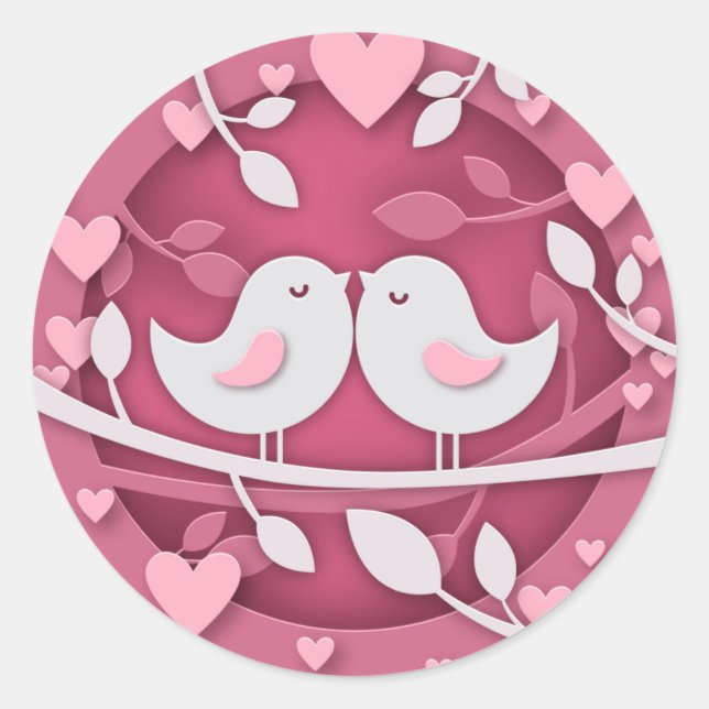 Love Birds and Hearts Valentine or Wedding Classic Round Sticker (Front)
