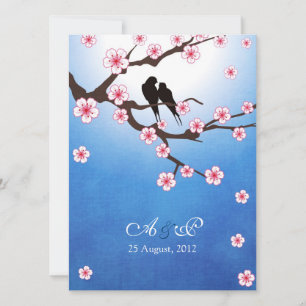 Love birds and Sakura - Blue Background Invitation