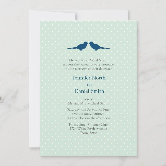 Love Birds And White Polka Dot Mint Wedding Invite (Front)