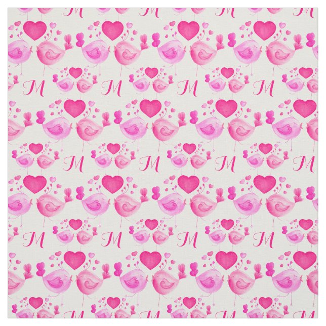 Love birds art monogram pink repeat pattern fabric (Swatch)