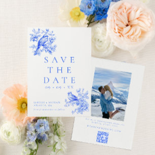Love Birds Blue Chinoiserie QR Code Photo Wedding Save The Date