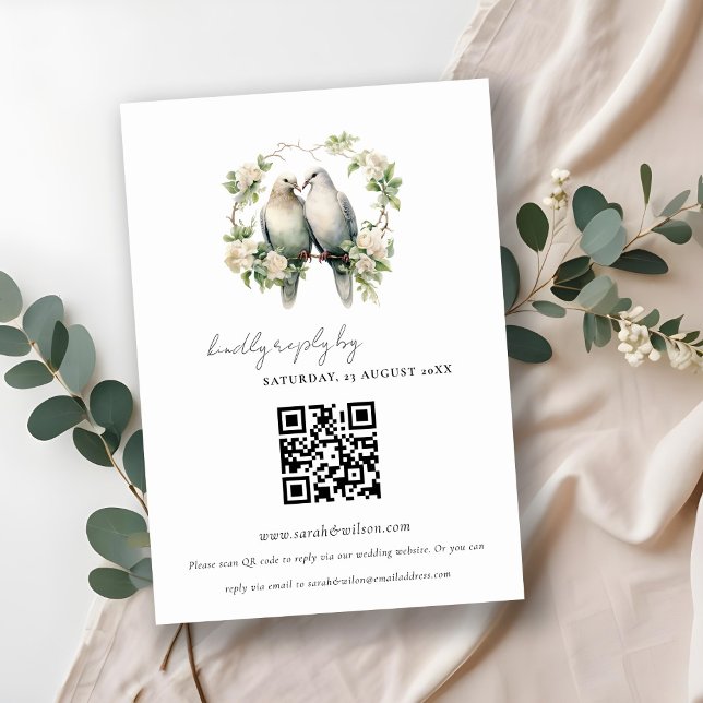 Love Birds Botanical Wreath Wedding QR Code RSVP Enclosure Card (Creator Uploaded)