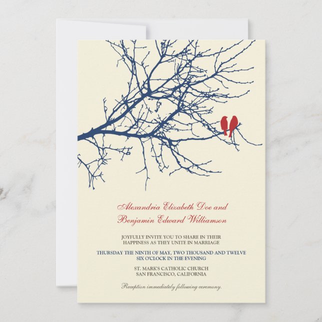 Love Birds Branch Wedding Invitation (navy) (Front)