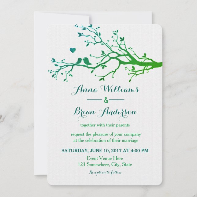 Love Birds Branches Green Hues Wedding Invite (Front)