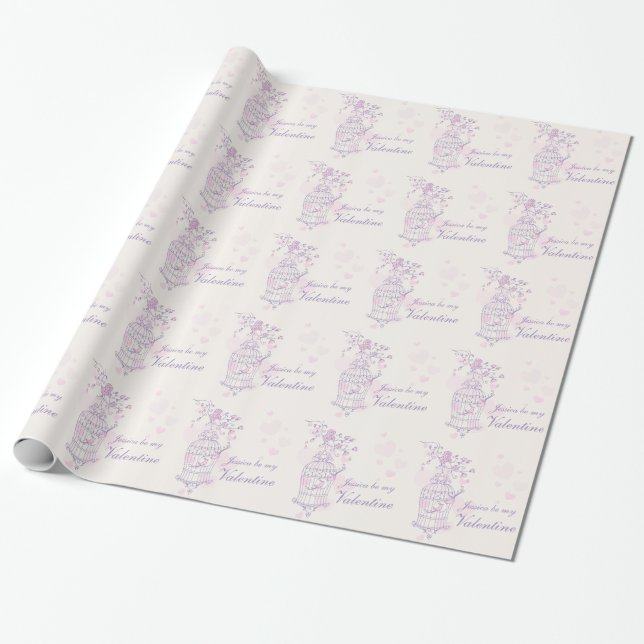 Love birds cage purple pink named valentine wrap wrapping paper (Unrolled)