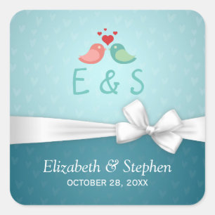 Love Birds Couple Blue White Ribbon Wedding Favour Square Sticker
