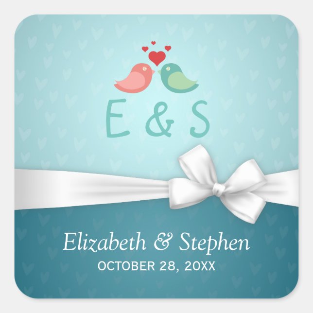 Love Birds Couple Blue White Ribbon Wedding Favour Square Sticker (Front)