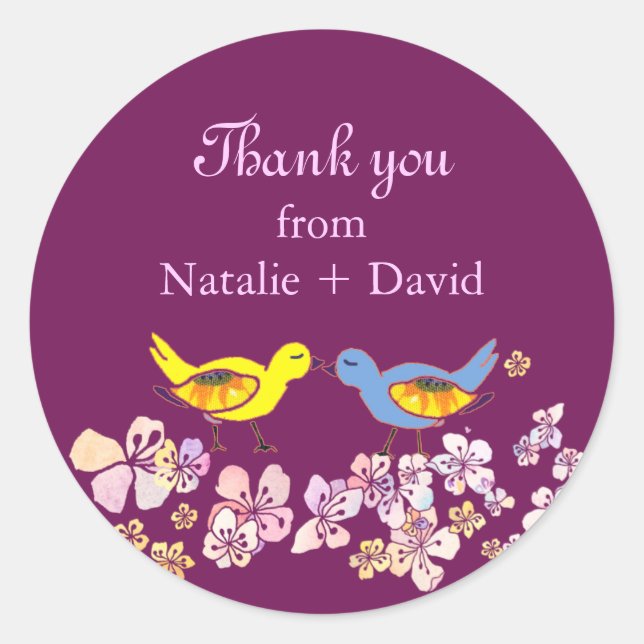 Love Birds Cute Purple Wedding Thank You Classic Round Sticker (Front)