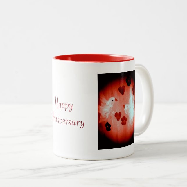 Love Birds Doves and Hearts Anniversary Two-Tone Coffee Mug (Front Right)