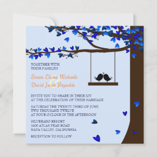 Love Birds Falling Hearts Oak Tree Blue Invitation