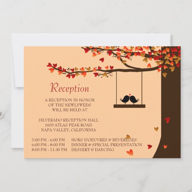 Love Birds Falling Hearts Oak Tree Reception Card (Front)
