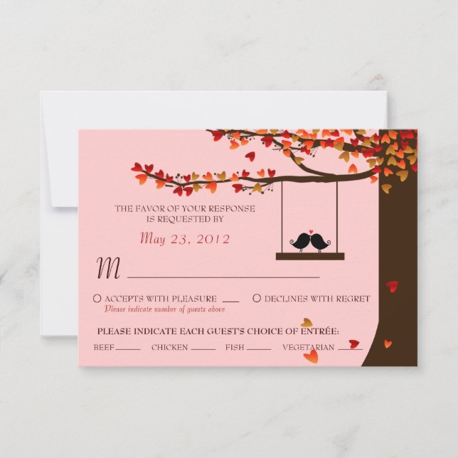Love Birds Falling Hearts Oak Tree RSVP (Meal) Card (Front)