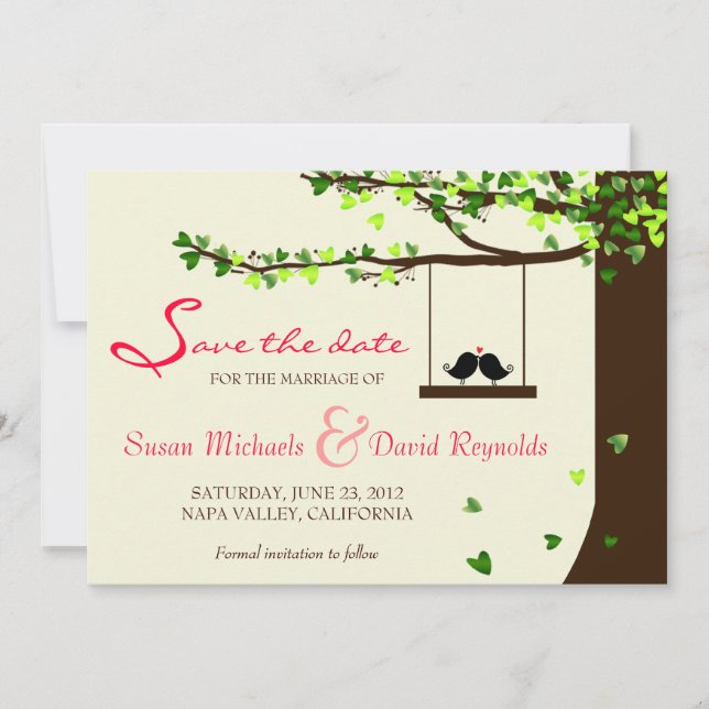 Love Birds Falling Hearts Oak Tree Save the Date (Front)