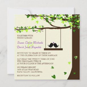 Love Birds Falling Hearts Oak Tree Wedding Invite