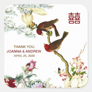 Love Birds & Flowers Chinese Wedding Thank You © Square Sticker
