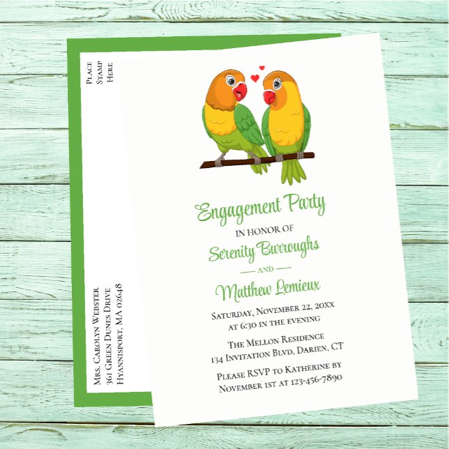 Love Birds Green Yellow Lovebird Engagement Party  Invitation Postcard (Creator Uploaded)