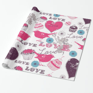 Love Birds hearss & Cupcakes Valentines Pattern Wrapping Paper
