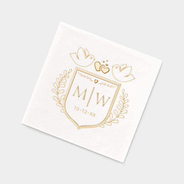 Love Birds Heart Crest 2 Initial Wedding Monogram Foil Napkins (Left)