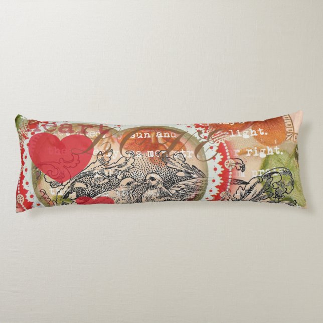 Love Birds Heart Red Art Collage Body Cushion (Back)
