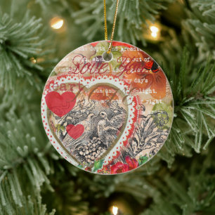 Love Birds Heart Red Art Collage Ceramic Ornament