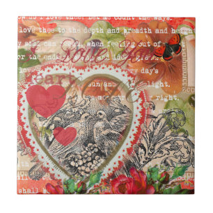 Love Birds Heart Red Art Collage Ceramic Tile