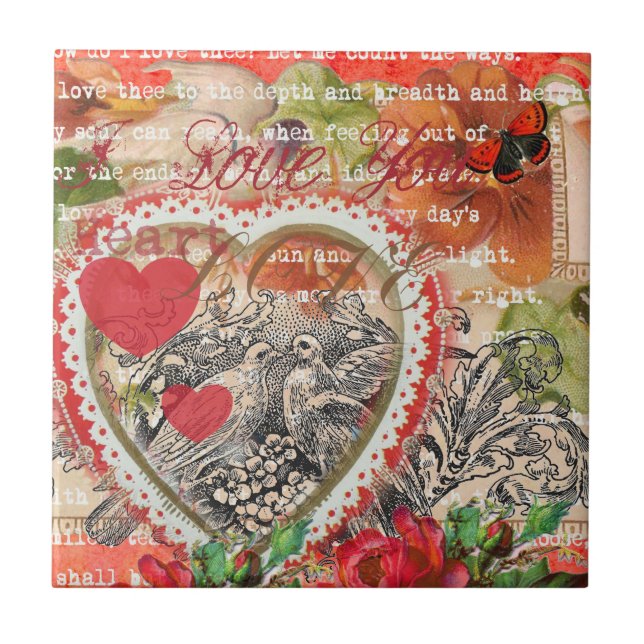 Love Birds Heart Red Art Collage Ceramic Tile (Front)