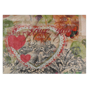 Love Birds Heart Red Art Collage Cutting Board