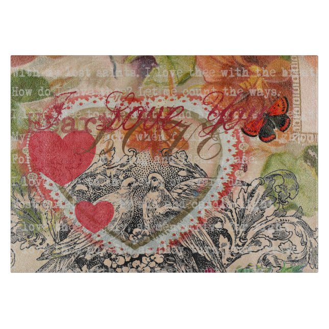 Love Birds Heart Red Art Collage Cutting Board (Front)