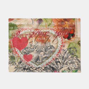 Love Birds Heart Red Art Collage Doormat