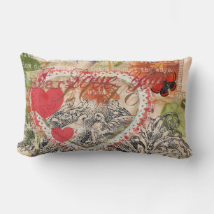 Love Birds Heart Red Art Collage Lumbar Cushion