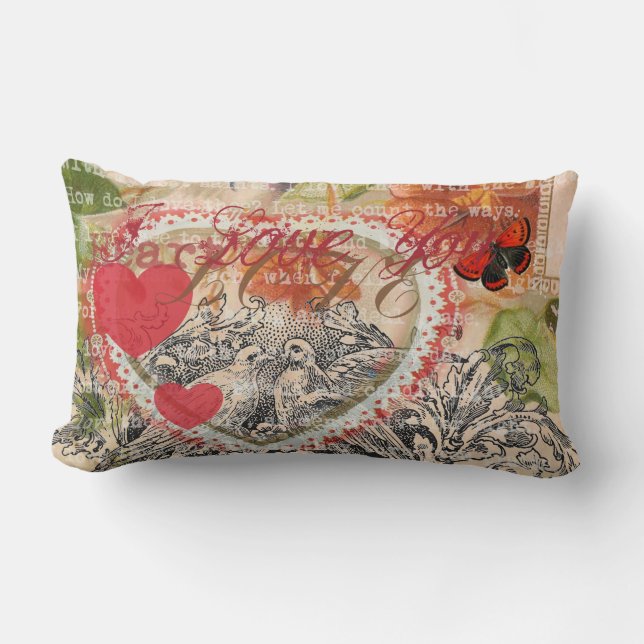 Love Birds Heart Red Art Collage Lumbar Cushion (Front)