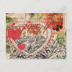 Love Birds Heart Red Art Collage Postcard