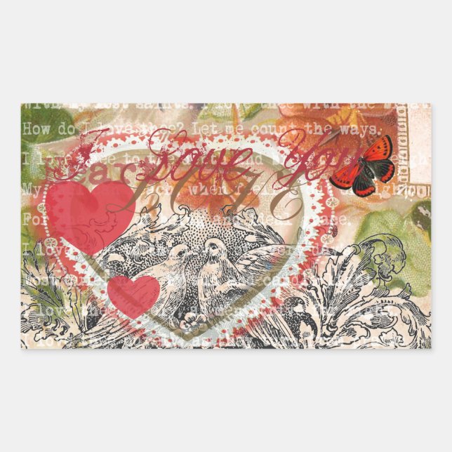 Love Birds Heart Red Art Collage Rectangular Sticker (Front)
