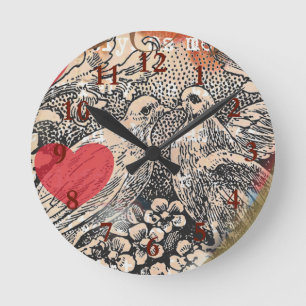 Love Birds Heart Red Art Collage Round Clock