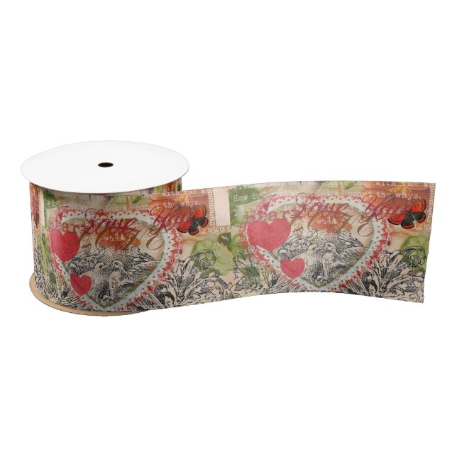 Love Birds Heart Red Art Collage Satin Ribbon (Spool)