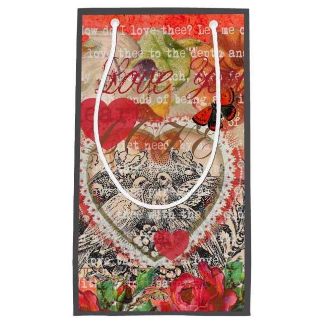 Love Birds Heart Red Art Collage Small Gift Bag (Front)