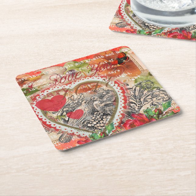 Love Birds Heart Red Art Collage Square Paper Coaster (Angled)