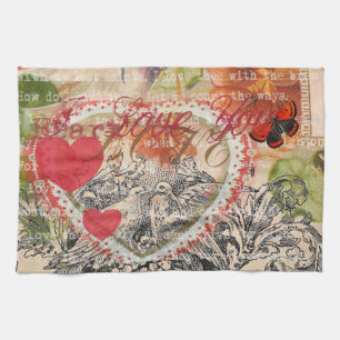 Love Birds Heart Red Art Collage Tea Towel