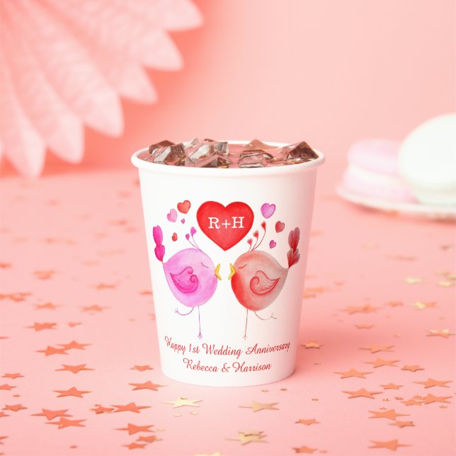 Love birds heart red pink 1st Anniversary art  Paper Cups (Insitu)