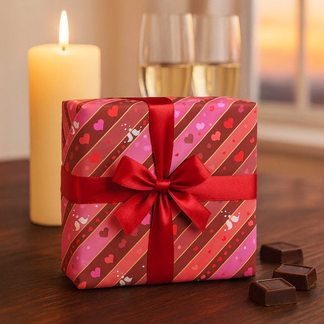 Love Birds Hearts Valentine Pattern Wrapping Paper (Valentine's Day wrapping paper featuring a striped pattern in pink and red, with cute love birds)