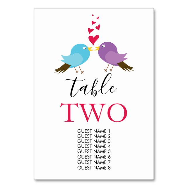 Love Birds & Hearts Wedding Guest Names Table Number (Front)