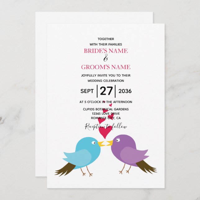 Love Birds & Hearts Wedding Invitations (Front/Back)
