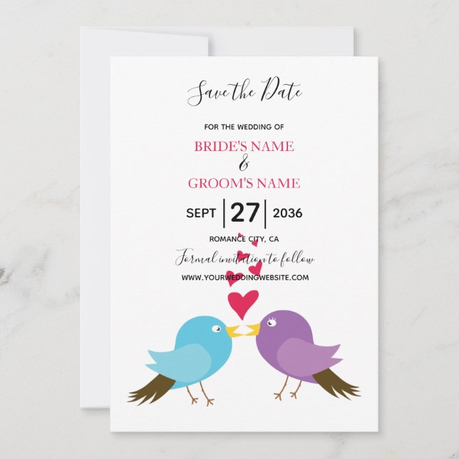 Love Birds & Hearts Wedding Save The Date (Front)