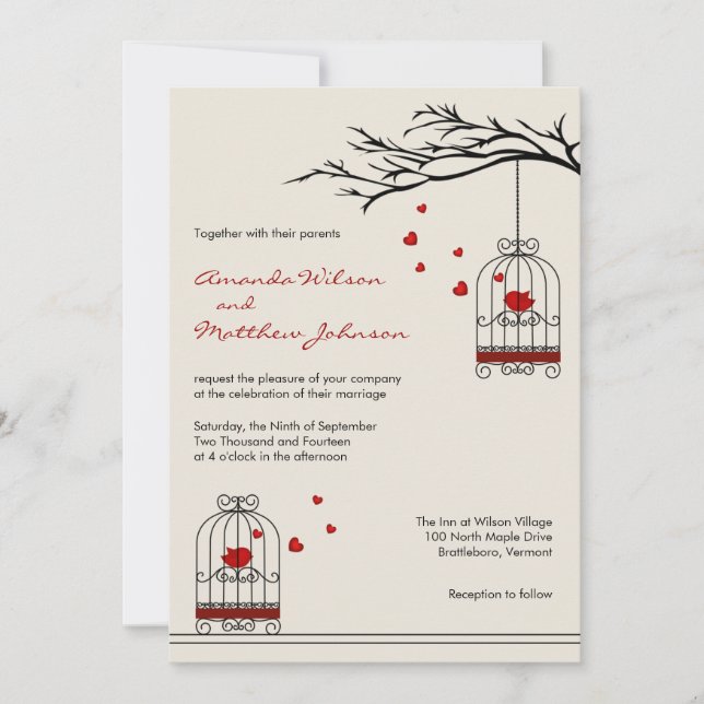 Love Birds in Birdcages Wedding Invitations (Front)